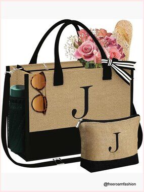 Large Jute Tote Bag with Monogram Embroidery, Adjustable Strap, Waterproof